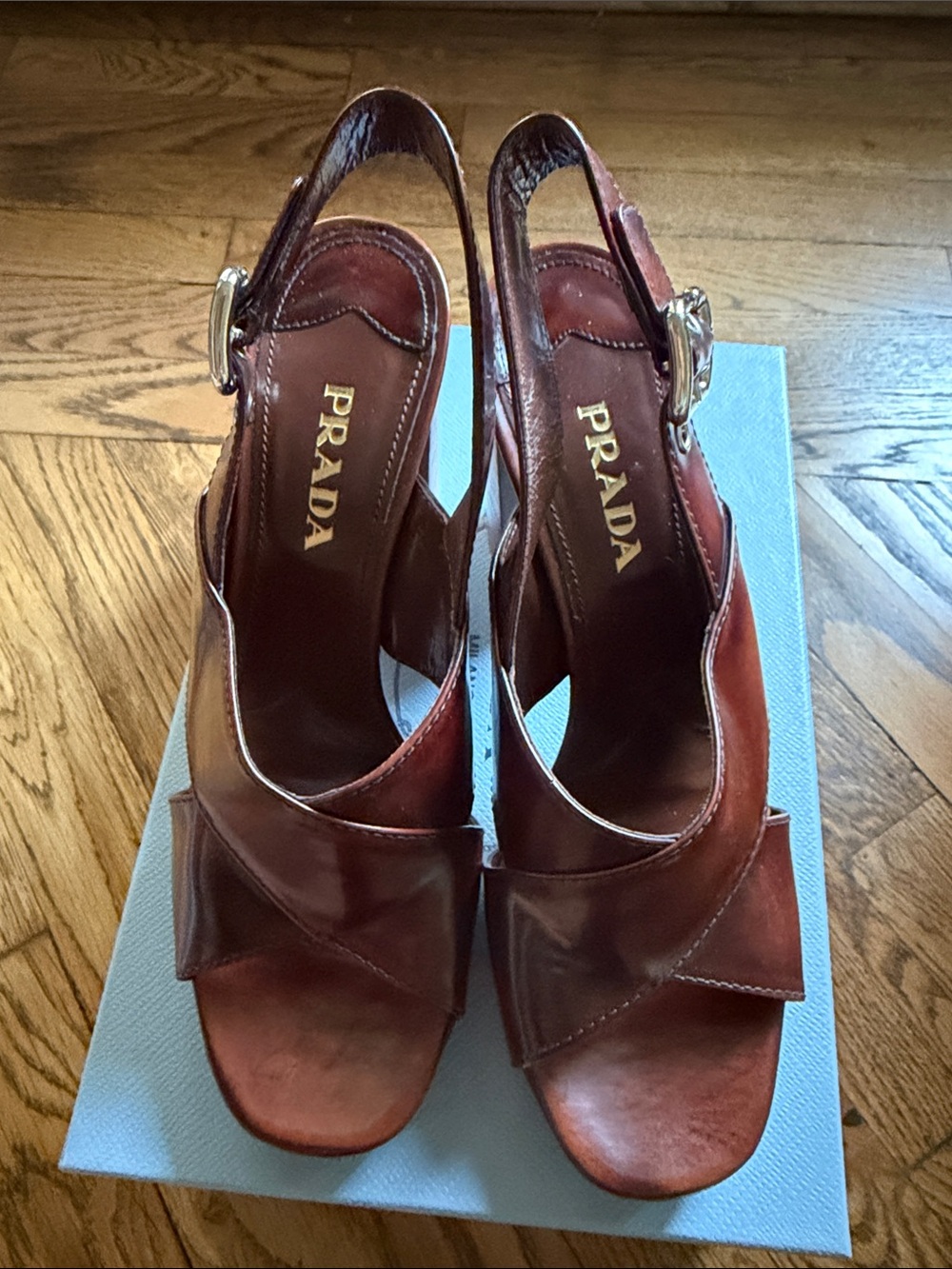 Prada Dark Brown Leather Crisscross Slingback Heels - Picture 3 of 6